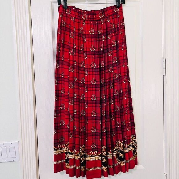 Vintage Susan Bristol Red Black & Gold Tartan Pleated Midi Skirt Fox Hunt Themed - Picture 5 of 9